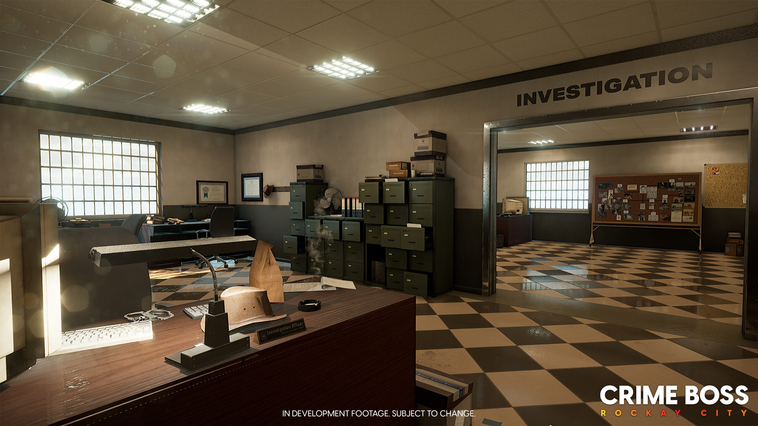 An in development image from the game, Crime Boss: Rockay City. The image shows the inside look of a police station With a cluttered desk, filing cabinets and a cork board